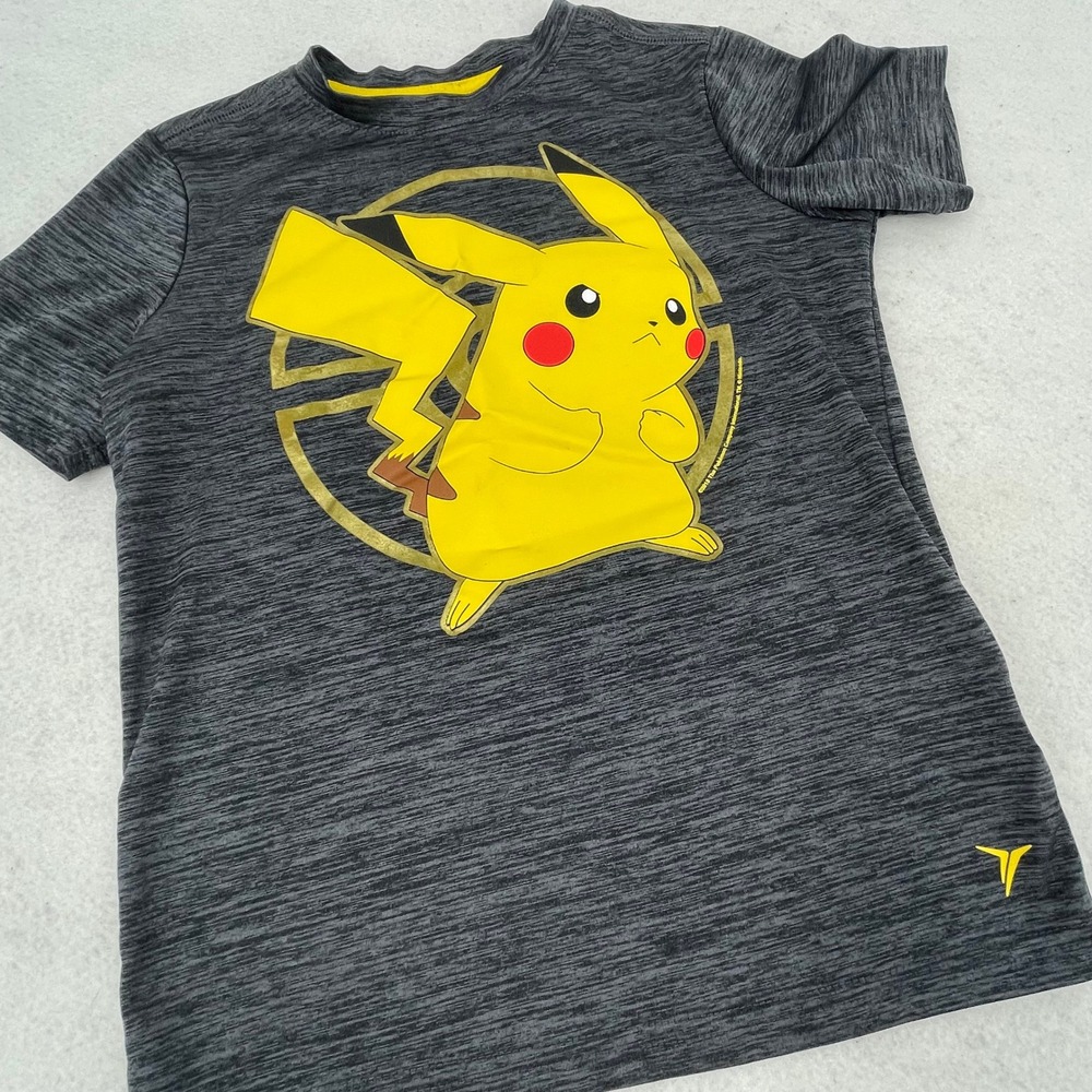 Old Navy Active Pokemon Pikachu Go-Dry Shirt Kids Small 6-7 Grey Space Dye‎ Tee